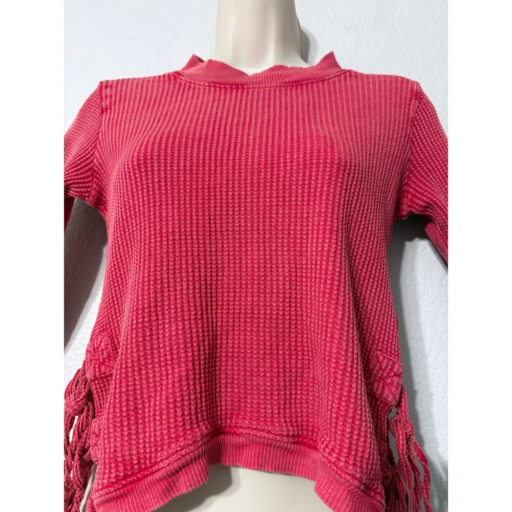Free People FP One Interlaken Thermal Top Red Waffle Knit Lace Up Side Tassel XS